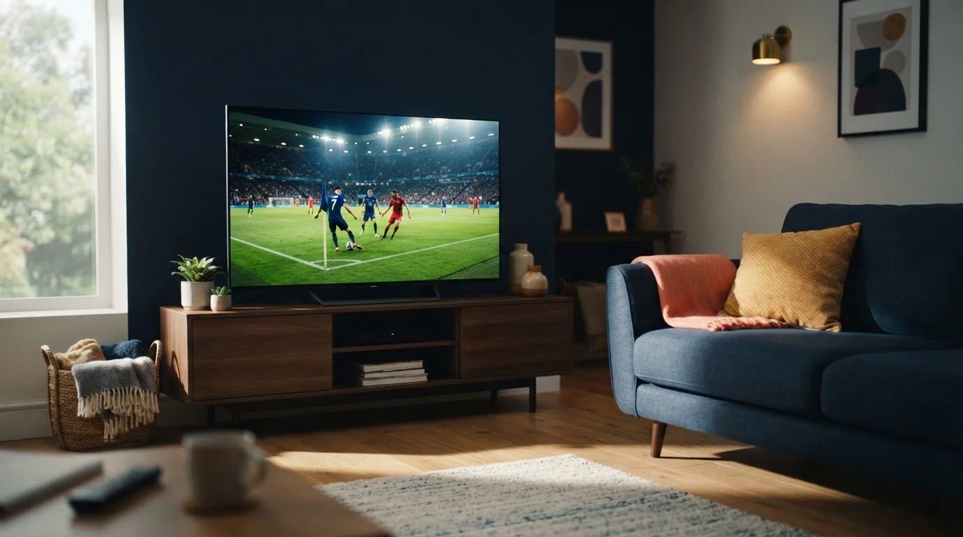 Fernseher mit Fußballspielfeld in einem hellen Wohnzimmer neben einem Sofa