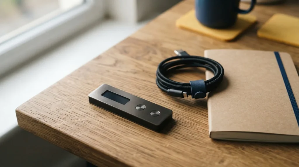 Kompakte Hardware-Wallet neben Kabel und geschlossenem Notizbuch auf einem Schreibtisch