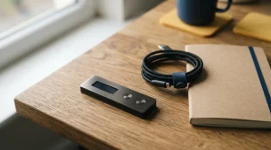 Kompakte Hardware-Wallet neben Kabel und geschlossenem Notizbuch auf einem Schreibtisch