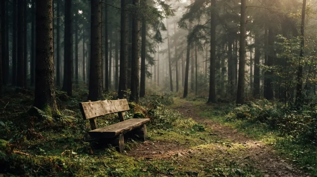 Leere Holzbank an einem ruhigen Waldweg zwischen hohen Bäumen