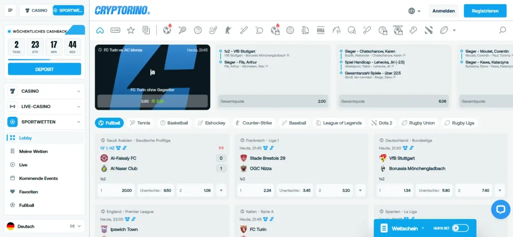 Sportwetten-Menü mit Auswahl der Sportkategorien auf der Plattform